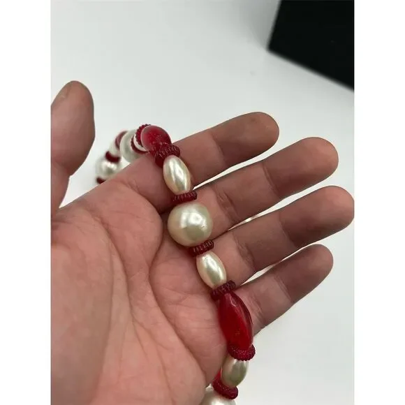Statement Necklace Faux White Pearl & Red Bead Multicolor Nickel-Free - Picture 2 of 3